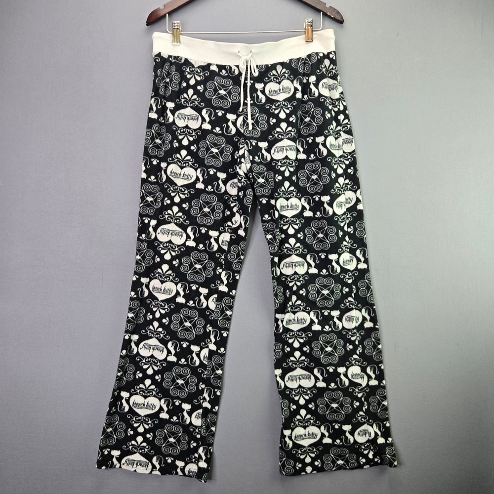French Kitty Pajama Set XL Black White Heart Cat Fleece Y2K Lounge 2pc Vintage